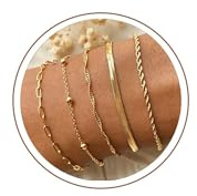 Turandoss 5Pcs 14K Gold Plated Bracelet for Women,Adjustable Stackable Bracelets Set Hypoallergenic Layered Dainty Link Chain Bracelets Stack Jewellery for Women Girls