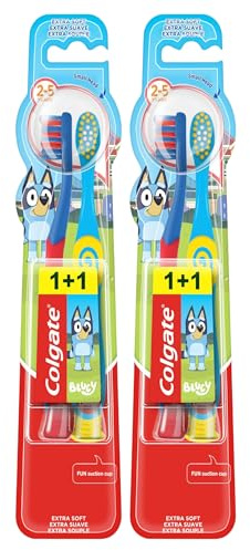 Colgate Kids Bluey, Cepillo de Dientes Infantil 2-5 Años, Pack 4 | Cepillo de dientes infantil, Cabezal pequeño, Filamentos extra suaves, Mango redondeado para agarre cómodo