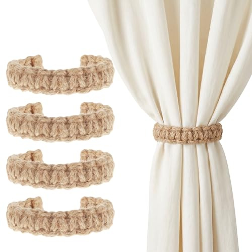 Sorcristy 4-pack flätade gardinhållare, rustik jute-gardinhållare, handgjorda dekorativa band för hem, trädgård, sovrum, kontor, bohemisk sovrumsdekoration