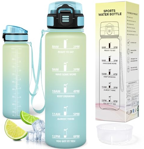 Motswedi Botella Agua 1L, Plástico, Botella Gimnasio, a Prueba de Fugas, Botellas Deportiva 1 litro, Cantimplora, con Marcador de Tiempo, para Oficina, Viajes, Bicicleta, Blanco roto & Azul claro
