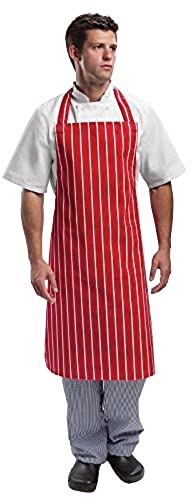 Whites Bib Apron Red/White Stripe | Protects uniforms against kitchen spills and stains, offering durable commercial hospitality wear for busy catering staff.