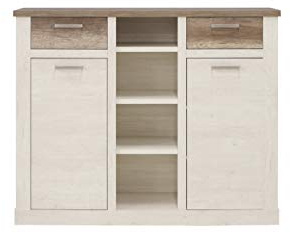 Forte DURO Kommode 160, Sideboard im Landhausstil mit 2 Türen und 2 Schubladen, Weiß / Pinie Weiß Antikeiche Holzdekor, 159,6 cm breit x 128,3 cm hoch x 41,3 cm tief
