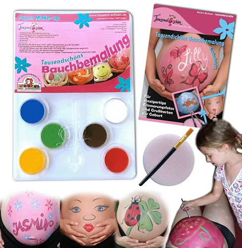 Tausendschön Bellypainting Bauchbemalung Set mit Vorlagenheft, Schwamm, Pinsel, abwaschbare Schminkfarben, Deutscher Hersteller, kreative Erinnerungsfotos, Programmpunkt Babyshower Party