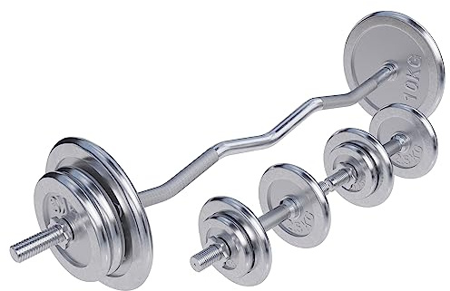GORILLA SPORTS® Hantelset 70 kg mit SZ-Curlstange und 2 Kurzhanteln | 12 Chrom-Hantelscheiben, 30-mm-Aufnahme, 6 Sternverschlüsse, gerändelte Griffe, SZ-Stange 120 cm, Langhantel Set