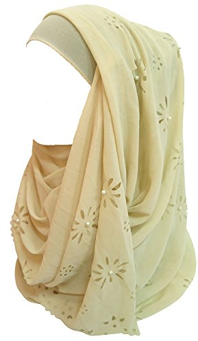 Lina & Lily Chiffon Hijab Kopftuch Schal mit Blumen und Perlen für muslimische Frauen (Beige)