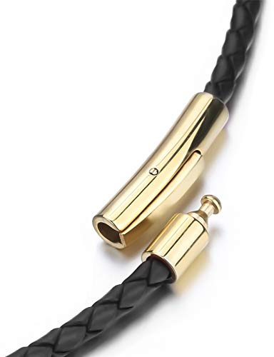 ELFASIO 3mm Mens Womens Black Braided Leather Cord Gold Stainless Steel Secure Clasp Necklace Chain 18 inch