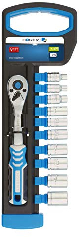 Högert Technik - Jeu de douilles avec cliquet réversible 1/4 avec embouts - Jeu de clés à cliquet à cliquet multi-écrous - Fabriqué en alliage d'acier au chrome vanadium