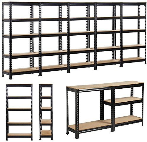 Yaheetech Lagerregal Schwerlastregal Steckregal 5 MDF-Platten Kellerregal Werkstattregal je Fachboden 150 KG belastbar (Schwarz, 350x30x150cm)