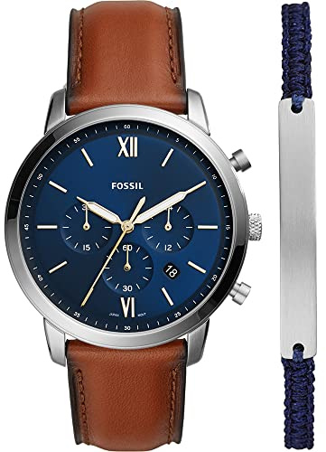 Fossil Neutra uhr für Herren, Chronographenwerk mit Edelstahl- oder Lederarmband, Braun und Blau gesetzt, 44MM