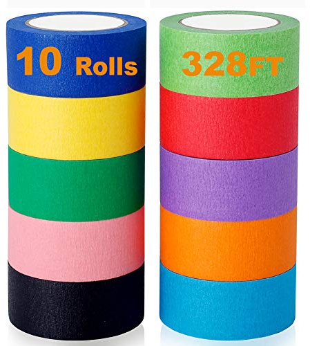 Fabulas Colored Masking Tape, Rainbow Colors Painters Tape Colorful Craft Art Paper Tape for Labeling Arts Crafts DIY Decorative Coding Decoration Teaching Supplies, 10 Rolls, 1 Inch Wide x 10.9Yards