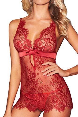 Tuopuda Babydoll Damunderkläder String Sexig Transparent Spets Nattlinne Pyjamas Badrock Spets Underkläder Nattlinne För Bröllopsnatt, Smekmånadssemester, Resa, Röd, L-XL