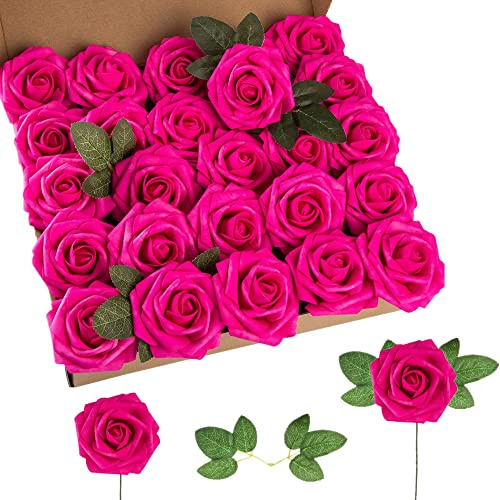 Lansdowns Artificial Flower Foam Rose 25pcs Real Looking Fake Rose with Stems Leaves for Home Decoration Party Garden Centerpieces DIY Wedding Bouquets（Hot Pink）