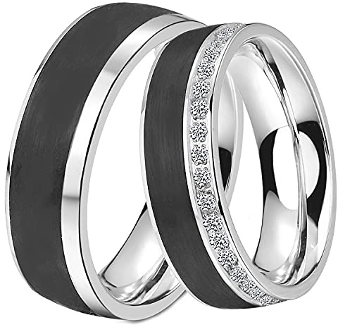 DOOSTI Paar Ring Set Damen Herren Partnerringe Edelstahl Carbon Schwarz als Freundschaftsring Partnerring Hochzeitsring Herrenring Damenring inkl. Gravur mit Namen (Ring ohne Zirkonia, 60)