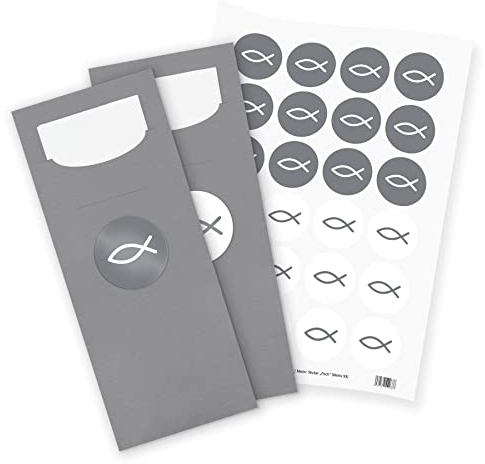 itenga 24x Bestecktaschen GRAU Fisch grau weiß Pochetten inkl. Serviette und Sticker Aufkleber Tischdeko Einweggeschirr passend für Kommunion Konfirmation