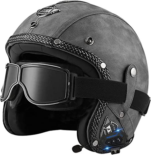 Jethelm, Integrierter Bluetooth-Motorradhelm, Retro-PU-Leder-Halbhelm Mit Brille, Jet-Helm-Halbhelm, Jethelm, DOT/ECE-Geprüft D,L