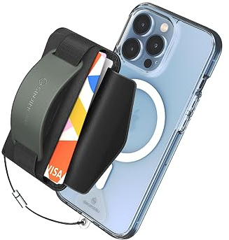 Sinjimoru Rutschfester Magnetischer Handy Kartenhalter mit Fingergriff, Kreditkartenetui kompatibel mit MagSafe Wallet Magnetic Card Holder Wallet für iPhone 16 15 14 13 12 Reihe. M-BGrip Olive Grau