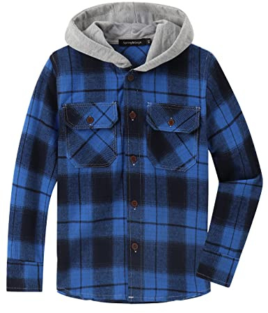 Spring&Gege Camicia a maniche lunghe da ragazzo con cappuccio a quadretti Button-Down in flanella per bambini, 9-10 Anni