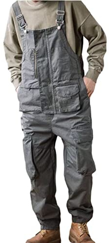 BELWAD Denim Overalls für Herren Vintage Gerade Cargo Overall mit Mehreren Taschen Strampelhöschen mit Reißverschluss,Grau,XL