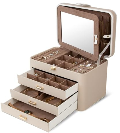 KAMIER Schmuckkästchen für Damen, große Schmuckschatulle mit 4 Ebenen, Schmuckbox mit Spiegel und Schloss, Griff Schmuckkästchen für Ringe, Ohrringe, Halsketten, Armbänder