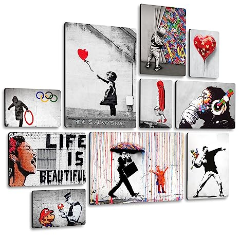 Giallobus - Satz von 10 mehrteiligen Gemälden - Banksy - Sammlung 1 - MDF-Holz - - 2 x 42x29,7cm - 4 x 29,7x21cm - 4 x 21x14,85cm - - Fertig zum Aufhängen – Gemälde