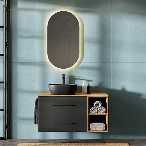 Planetmöbel LUX - Set di mobili da bagno con mobile sottolavabo sospeso da 90 cm e lavabo da appoggio da 60 cm, colore nero, mobile sottolavabo: rovere dorato/antracite