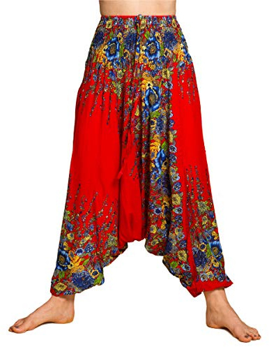 PANASIAM Aladinhose Damen 2in1 als Haremshose & Jumpsuit tragbar Boho Stil | leichte Pumphose aus Viskose, breiter Bund, Blütenzauber Design, passend von S - XL & bis 190 cm, bequeme Yogahose