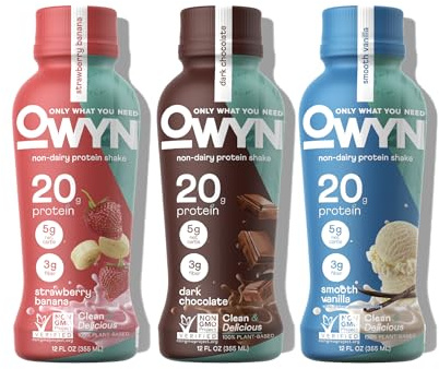 OWYN Only What You Need Protein Shake Variety Pack, Strawberry Banana, Dark Chocolate, Smooth Vanilla Flavored Protein Shakes, 20g Protein, 4g Sugar, 3g Fiber, Dairy Free, Plant Based Protein, 12 CT