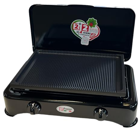 Fornello 2 fuochi a gas GPL smaltato nero con piastra in alluminio pressofuso teflonato per uso esterno Made in Italy completo di regolatore di pressione e 1500 mm. di tubo gas - 5326/N/GP/K