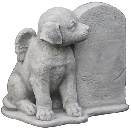 gartendekoparadies.de Engel - Hund mit Grabstein als liebevolles Andenken, Steinfigur, H. 22 cm, 6 kg, Grau, frostsicher aus Steinguss für Außenbereich
