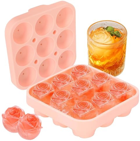 9 hål ros isbitar, iskub återanvändbar bricka, silikonform med lock, rosformad isform för cocktail whisky, bourbon juice (rosa)