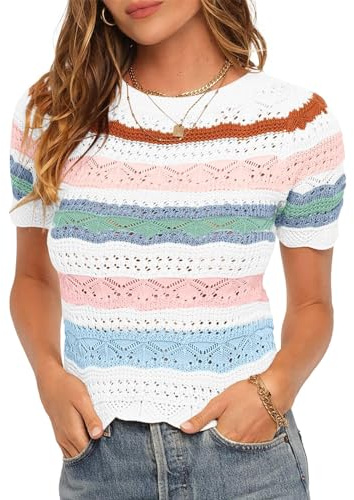 Saodimallsu Maglietta da donna a righe a maniche corte con blocco di colore, maglione estivo da donna, leggero, casual, bianco, L