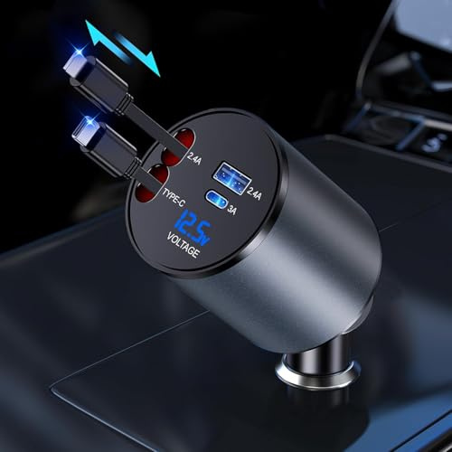 GLILAVOX Einziehbares Auto Ladegerät, Kfz Ladegerät Kompatibel mit iPhone und Typ-C Kabel, 60W Handy Schnellladegerät Zigarettenanzünder Adapter mit Galaxy S26/Ultra/S26+/iPhone 17 Pro Mehrere Geräte