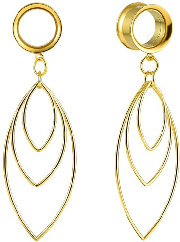 Vankula Ohr Tunnel mit anhänger Double Flared Flesh Plug Blatt Edelstahl für Gestreckte Expander Ohrpiercing 12mm(1/2) Gold