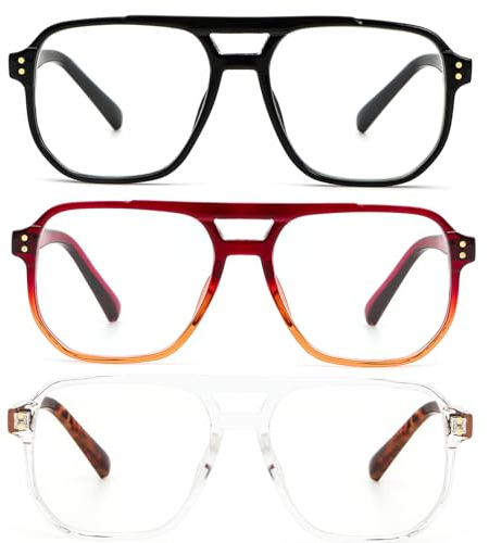 KoKoBin 3 Pack Oversize Volo Cerniera a molla Vintage Occhiali da lettura da uomo e da donna Quadrato Anti Luce Blu Computer Reader (3 Pack, 2, Diottria)