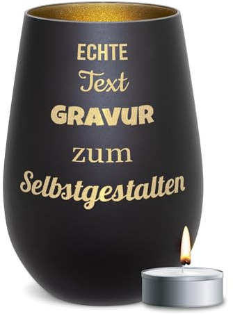 PR Print Royal Schwarzes Windlicht mit Gravur und Name - Glas Selbst Gestalten mit Text - Geschenk zum Geburtstag, Weihnachten | inkl. Teelicht, 450 ml