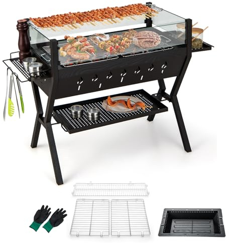 KOMFOTTEU Träkolgrill, med vindruta och kryddhållare, metallgrill, campinggrill med par handskar, 3-i-1 utomhusgrill, 98 x 70 x 68 cm, svart