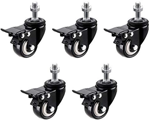 Lenkrollen, Schwerlast, 5 Stück, Lenkrolle mit Schaft, Möbelrollen aus PVC, Schwarz, mit Gewindeschaft, Schwerlast, Doppellager, Verschleißfest, Tragkraft max. 160 kg