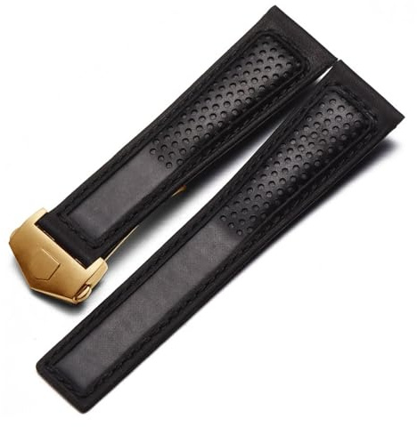 NASUNJIA Uhrenarmband Aus Mattiertem Echtleder, Kompatibel Mit Tag Heuer Carrera Tauchen Monaco F1 Serie Atmungsaktive Uhrenkette 22 Mm Herrenarmband(Black-gold)