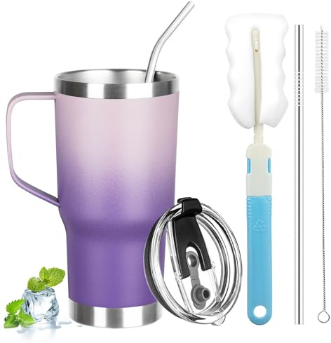 Bicchiere da 590 ml con manico, in acciaio inox, isolante, con coperchio e cannuccia, a doppia parete, isolamento sottovuoto, tazza termica per caffè freddo e caldo (viola scuro chiaro)