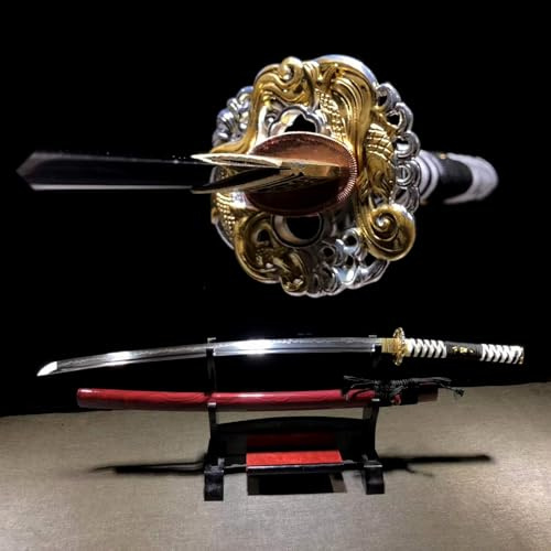 TIANTAO 103cm Handgefertigtes Katana,T10-Stahl bedeckt mit Erde brennende Klinge,Naturholz-Scheide,Handschützer aus Zinklegierung,Echte Japanisches Samurai Schwert für Cosplay,Dekoration,Sammlung