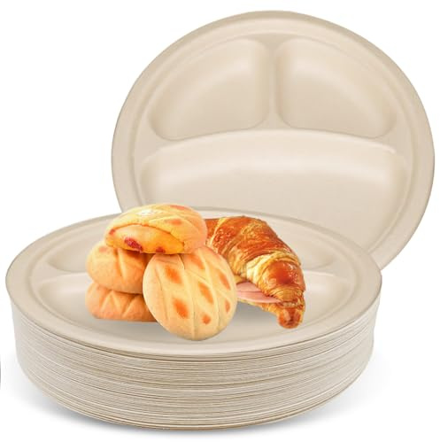 WIYETY 50 Stück Zuckerrohr Teller: Pappteller Groß mit 3 Unterteilung, 23CM Menüteller, Biologisch Abbaubar, Umweltfreundlich & Kompostierbare, Pappteller für Party Haushalt Picknick(Beige)