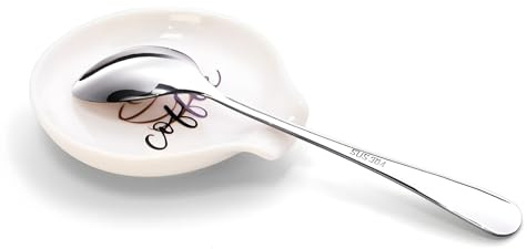 Coffee Spoon Rest with spoon, Mini Coffee Spoon Holder, Small Ceramic Spoon Rest for Coffee Stirrers, Teaspoon, Coffee Bar Accessories, (Ceramic Coffee Spoon Rest with Pattern & Silver Ellipse Spoon)