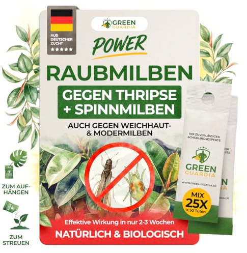 GREEN GUARDIA Power Raubmilben Mix gegen Thripse & Spinnmilben– 25 Mix mit 50 Tüten - Biologisches Mittel zur effektiven Thripse Bekämpfung–Umweltfreundlich, chemiefreie Mittel,einfache Anwendung