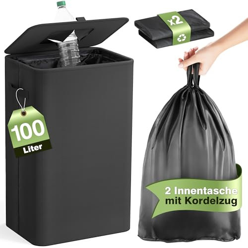 Pfandflaschen Sammelbehälter mit Deckel 100L, Groß Pfandflaschen Behälter mit 2 Tragetasche, Flaschensammler Leergut für Plastik- und Glasflaschen, Pfandbehälter mit Einwurf, Schwarz