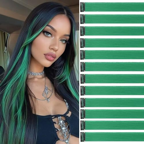 Extension Capelli Colorati Con Clip Verde erba 12 pezzi 22 pollici Lungo Dritto Sintetiche Resistenti al Calore per Bambini Ragazze Donne Festival Feste Halloween Cosplay