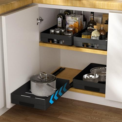 RAIN QUEEN 4 cassetti da cucina estraibili, organizer da cucina, cassetto telescopico con fondo in nano-pellicola, per cucina, dispensa e bagno (2 misure, non è necessario alcun foro punzonatura, nero