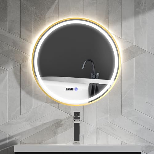 HOMCOM Badspiegel mit Beleuchtung 60 cm Runder LED Wandspiegel mit Touchschalter, Timer, Beschlagfrei Badezimmerspiegel mit Zeit- und Temperaturanzeige, 3 Lichtfarben, Aluminiumrahmen