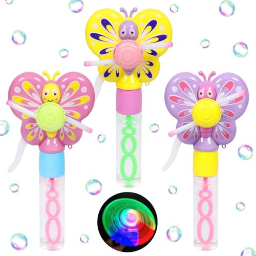 3 Stück Seifenblasen Kinder, Mini Seifenblasen Stab, Farbenfrohe Schmetterling Seifenblasenstab mit Leuchtender Funktion, Schmetterling Bubble Sticks Geschenke für Geburtstag Hochzeit Sommer Party