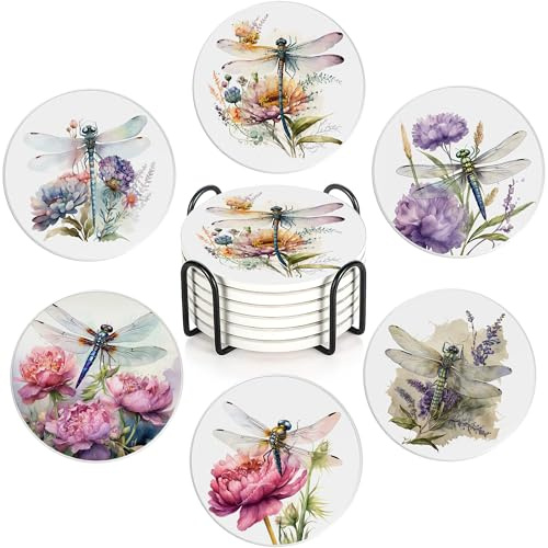 Dragonfly Flower Set of 6 Absorbent Ceramic Coasters with Cork Base & Holder,10cm Round Drink Mats for Mugs, Wine Glasses - Spill Protection for Wood/Glass Tables
