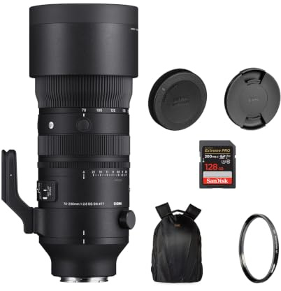Sigma 70-200mm f/2.8 DG DN OS Sports Lens for Sony E | Dyanmic Zoom Camera Lens with Tiffen 77mm UV Filter, 128GB Extreme PRO SD Card and Camera Backpack with Versatile Storage (Bundle Set)